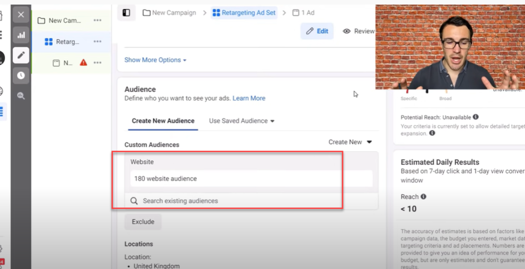 Facebook retargeting audience - ad set level