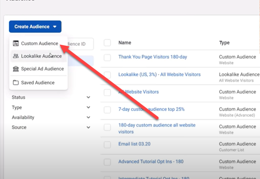 Create custom audience in Facebook ad account.