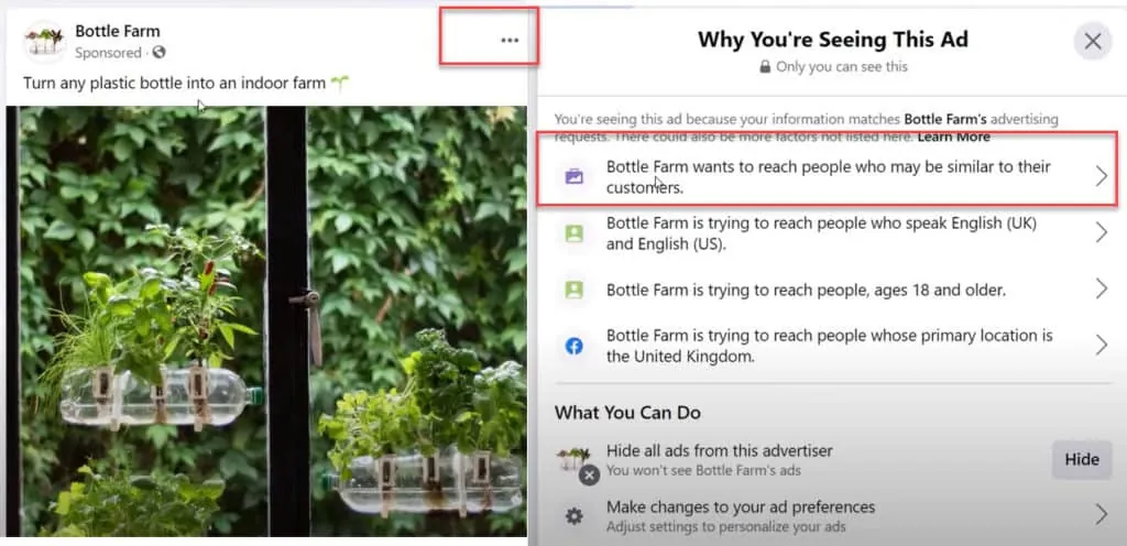 Why I'm seeing the bottle farm Facebook ad.