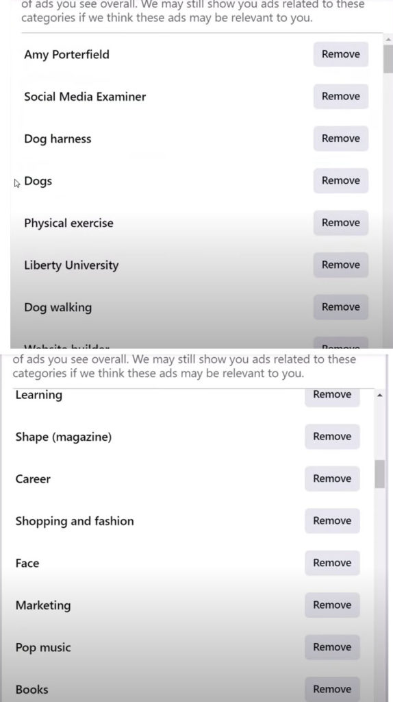 A list of things Facebook thinks I'm interested in.
