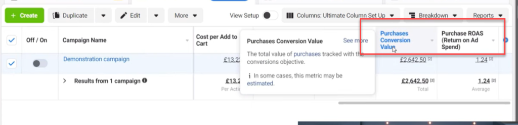 purchases conversion value, purchase ROAS