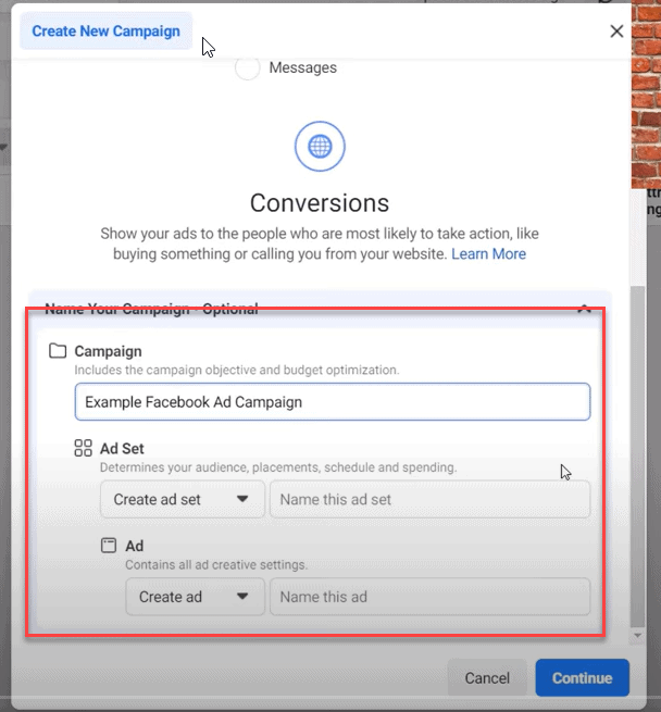 Name your Facebook ad campaign, ad set, and ad