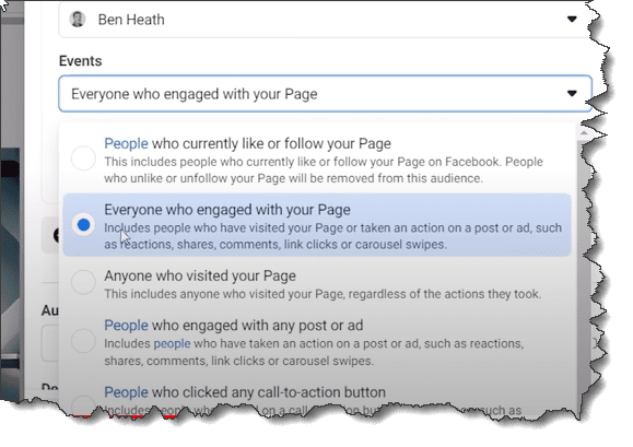Options for page engagement audiences