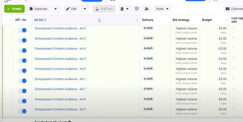 10 ad sets in an omnipresent campaign