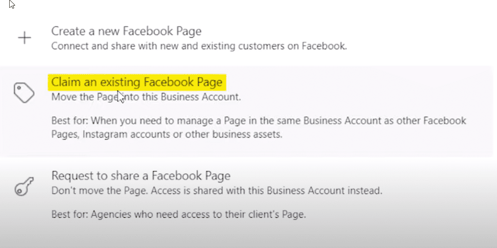 Claim an existing Facebook Page option