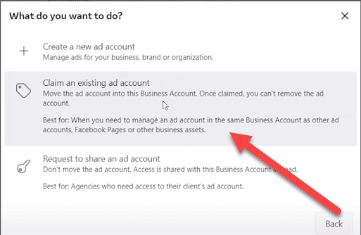 Claim an existing ad account option