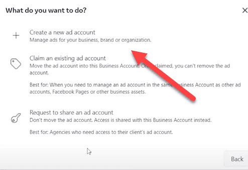Create a new ad account option