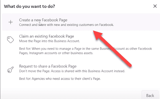 create a Facebook Page option