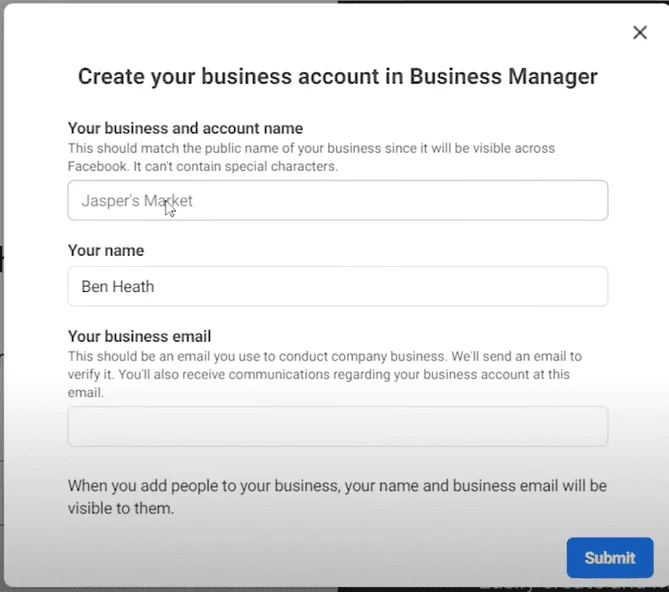 fill out form for Meta business set up