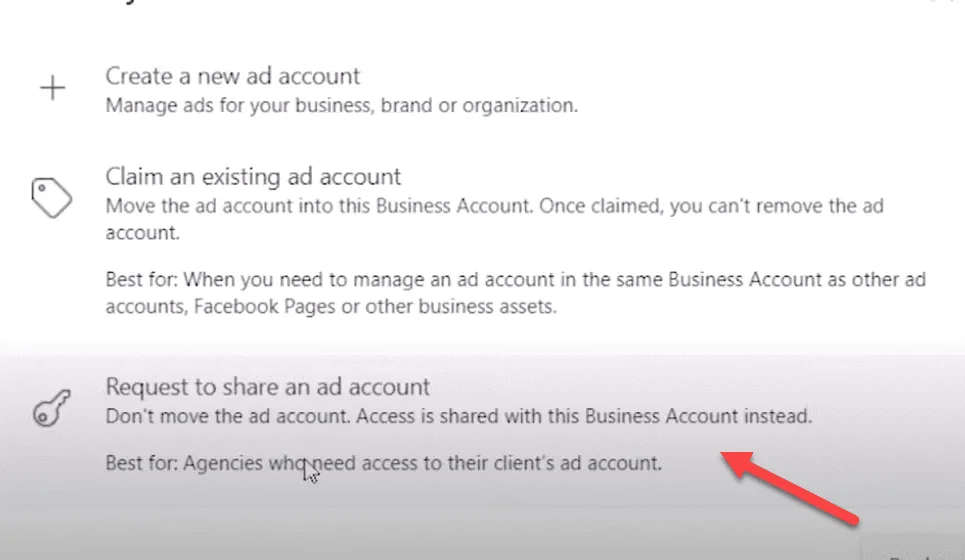 Request to share an ad account option
