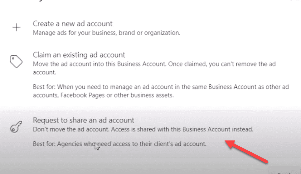 Request to share an ad account option