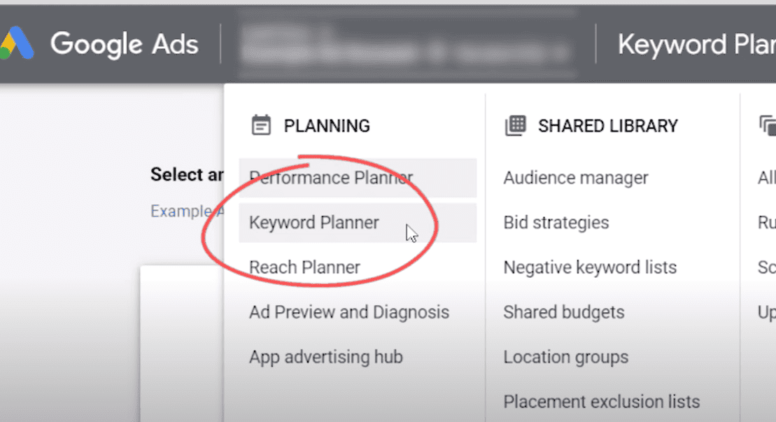Selecting the Google Keyword Planner